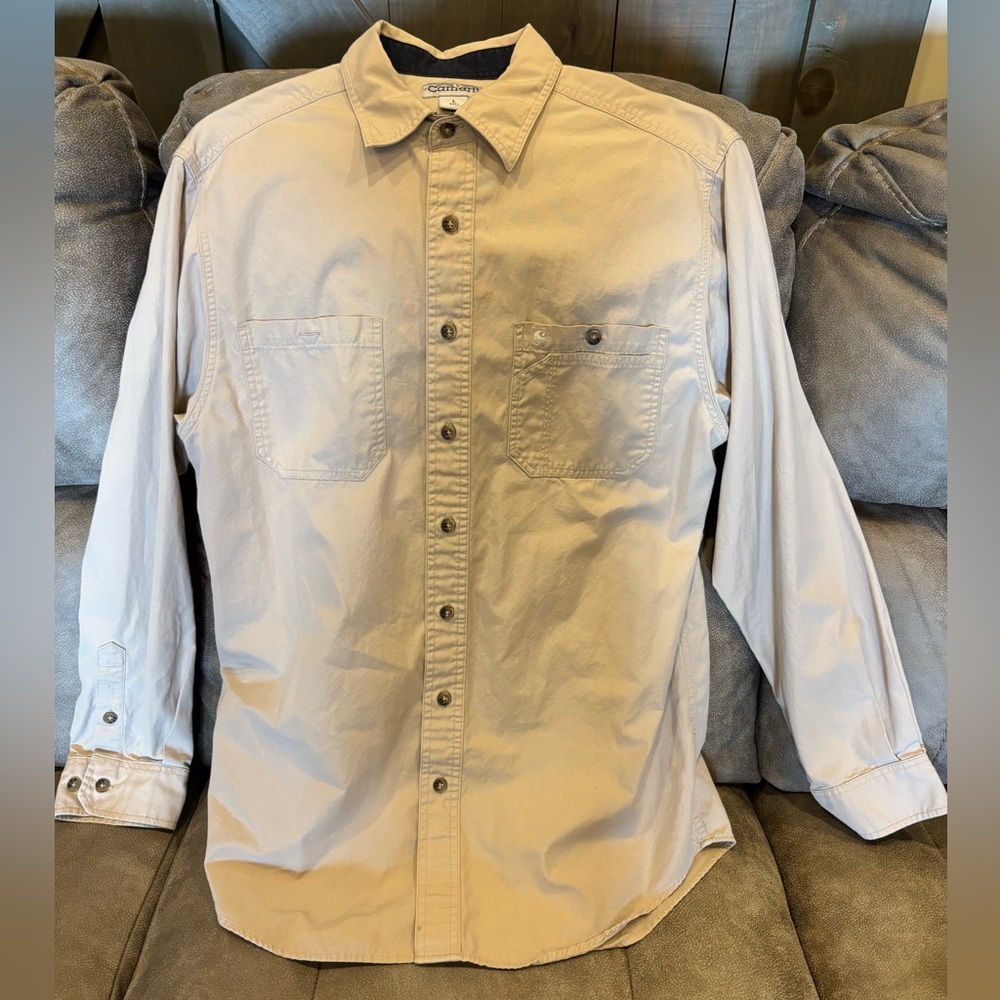 Carhartt-Men's Beige Button-Up Shirt-Large Tall